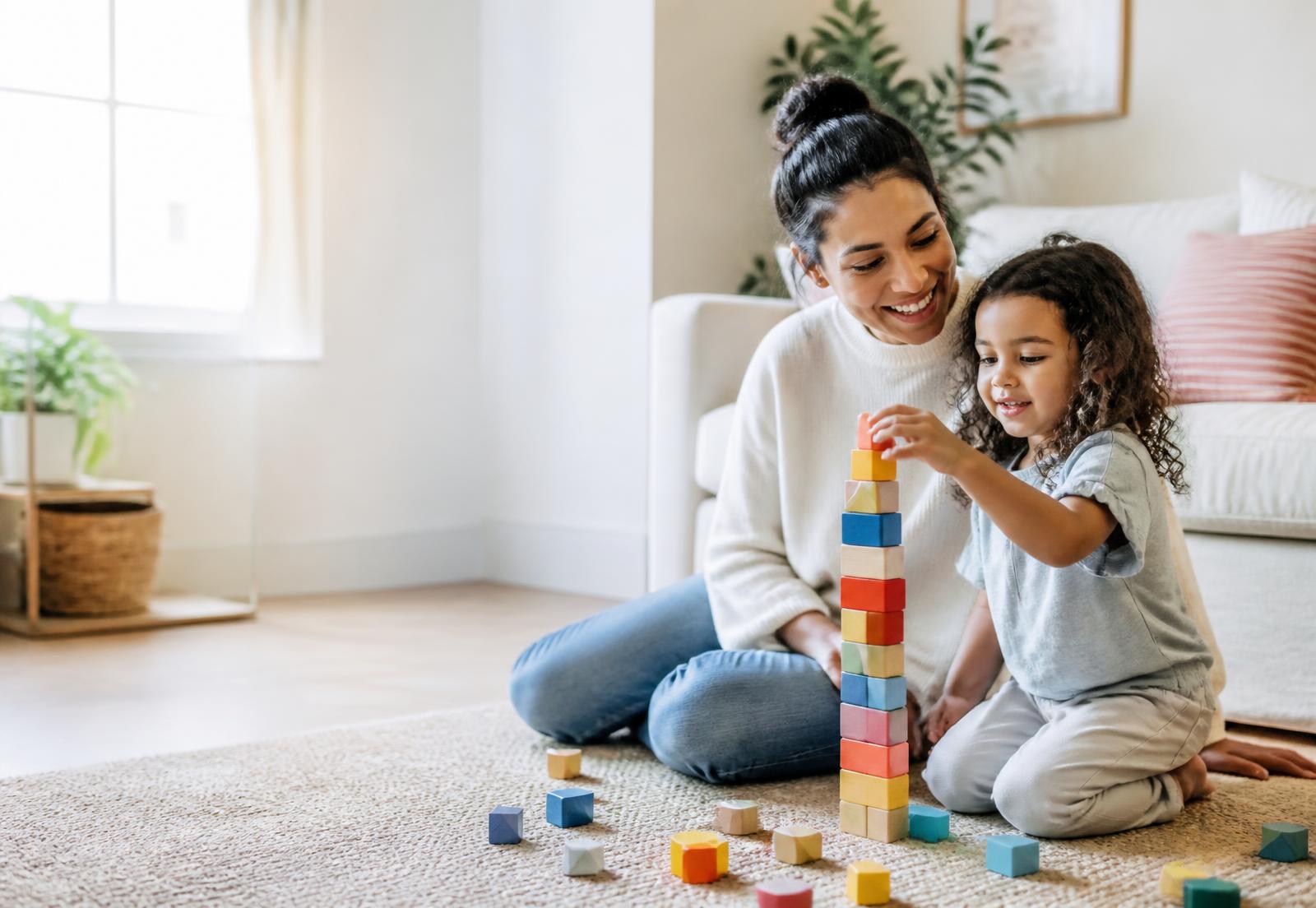 A parent and young child building a colorful block tower together